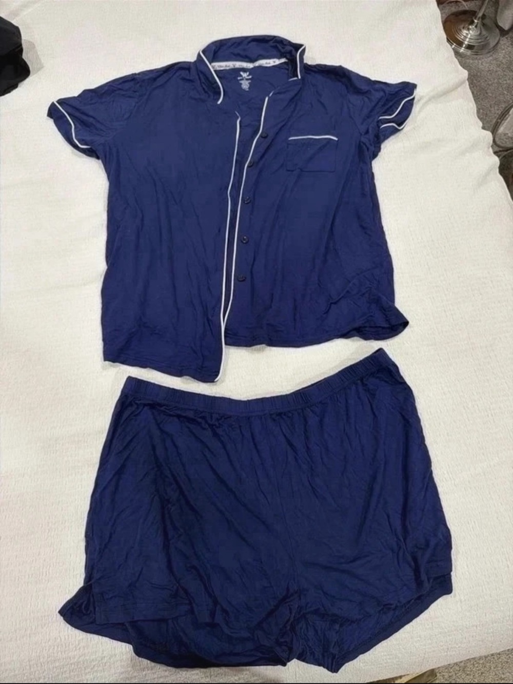 White Mark Navy Short Sleeve Button Pajama Set with White Piping